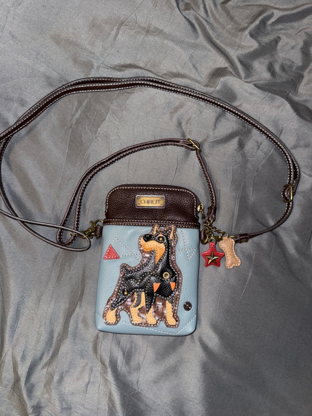Chala Light Blue and Brown Dog Applique Crossbody Phone Bag